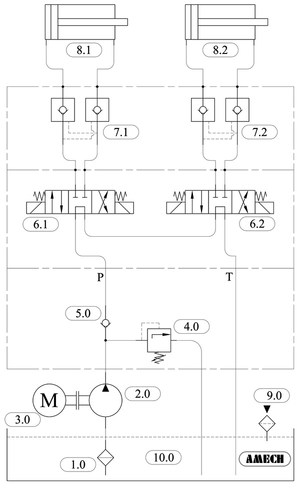 Sơ đồ thủy lực cho máy điều khiển góc đặt tấm pin năng lượng mặt trời