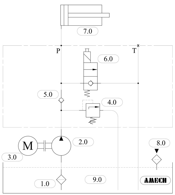 Sơ đồ thủy lực cho bàn nâng ô tô kiểu hai trụ