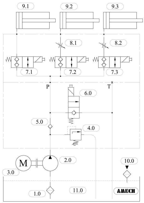Sơ đồ thủy lực cho bàn nâng ô tô kiểu 4 trụ