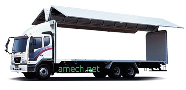 Xe tải với nắp thùng được nâng lên hai bên